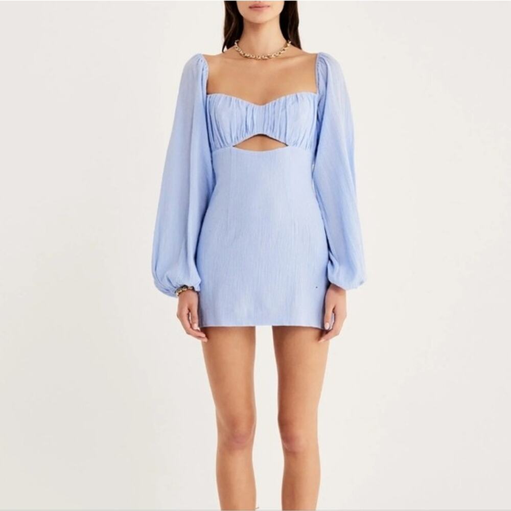 NWT Rumer The Camille Mini Dress Low Back Gathered Chest Front Cutout XS Blue